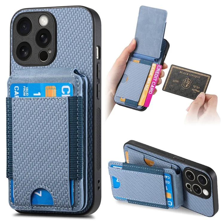 C1-12 For iPhone 15 Pro Case Kickstand Leather Back Card Holder Phone Cover Carbon Fiber Texture - Blue