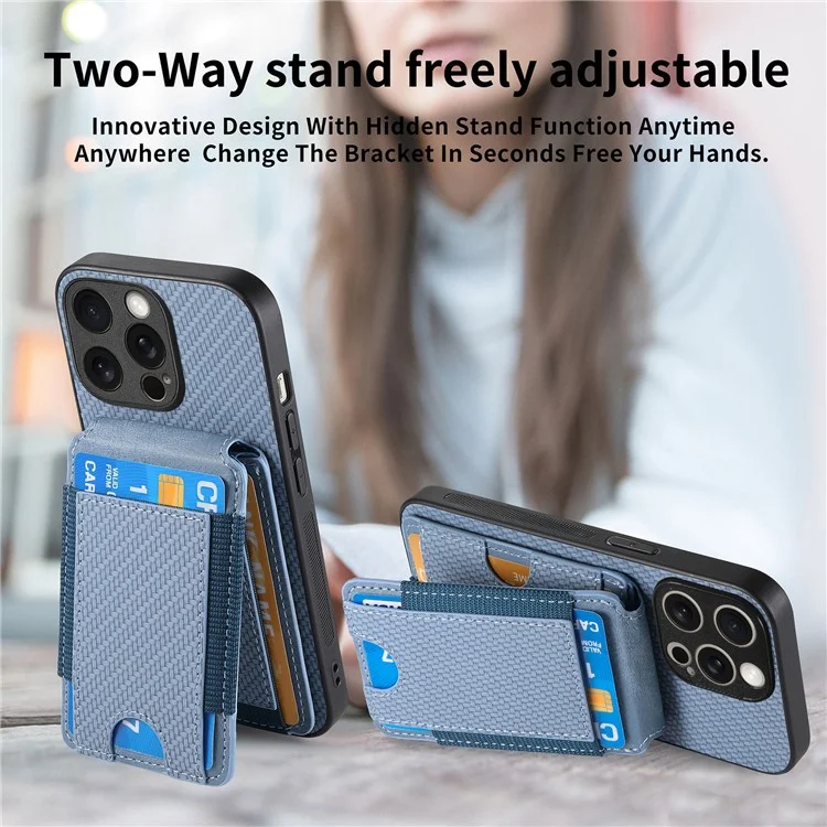 C1-12 For iPhone 15 Pro Case Kickstand Leather Back Card Holder Phone Cover Carbon Fiber Texture - Blue