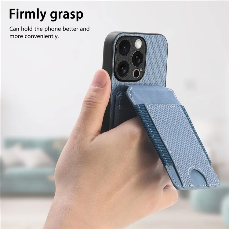 C1-12 For iPhone 15 Pro Case Kickstand Leather Back Card Holder Phone Cover Carbon Fiber Texture - Blue