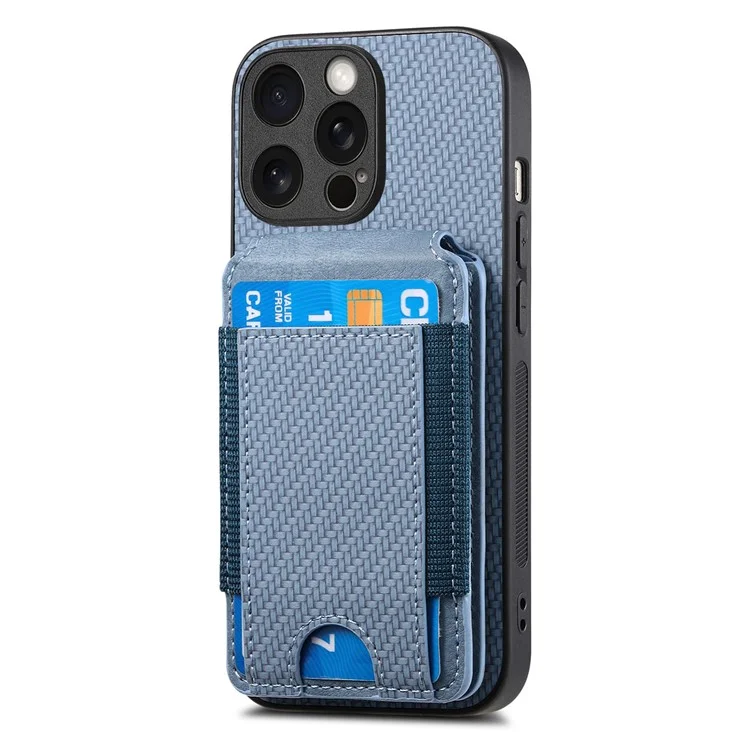 C1-12 For iPhone 15 Pro Case Kickstand Leather Back Card Holder Phone Cover Carbon Fiber Texture - Blue