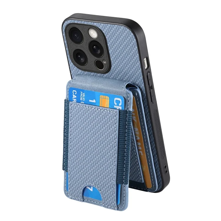 C1-12 For iPhone 15 Pro Case Kickstand Leather Back Card Holder Phone Cover Carbon Fiber Texture - Blue