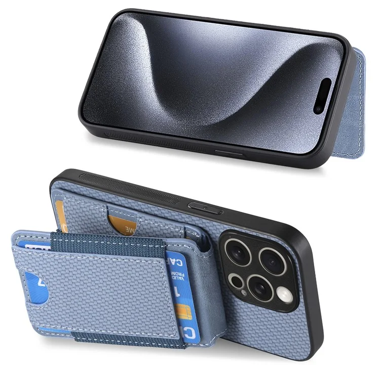 C1-12 For iPhone 15 Pro Case Kickstand Leather Back Card Holder Phone Cover Carbon Fiber Texture - Blue