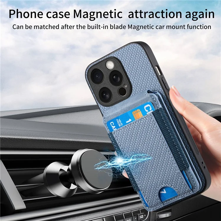 C1-12 For iPhone 15 Pro Case Kickstand Leather Back Card Holder Phone Cover Carbon Fiber Texture - Blue