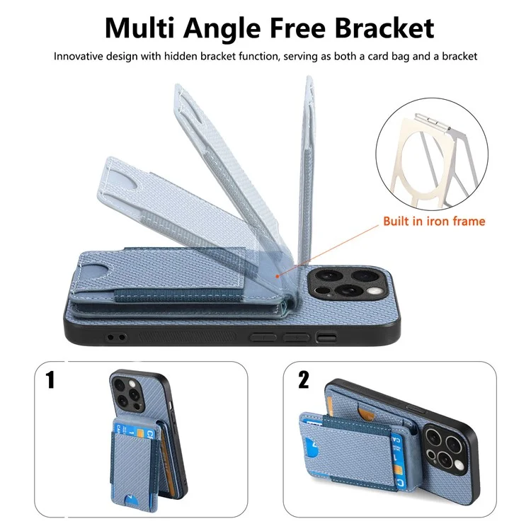 C1-12 For iPhone 15 Pro Case Kickstand Leather Back Card Holder Phone Cover Carbon Fiber Texture - Blue