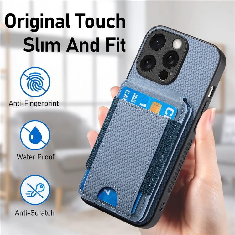 C1-12 For iPhone 15 Pro Case Kickstand Leather Back Card Holder Phone Cover Carbon Fiber Texture - Blue