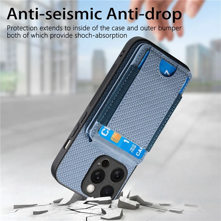 C1-12 For iPhone 15 Pro Case Kickstand Leather Back Card Holder Phone Cover Carbon Fiber Texture - Blue