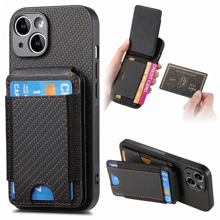 C1-12 Per iPhone 14 Custodia Slots Card Supporto Pelle Fibra di Carbonio Texture Back Cover - Nero