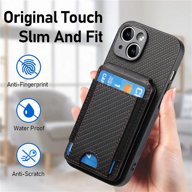 C1-12 Per iPhone 14 Custodia Slots Card Supporto Pelle Fibra di Carbonio Texture Back Cover - Nero
