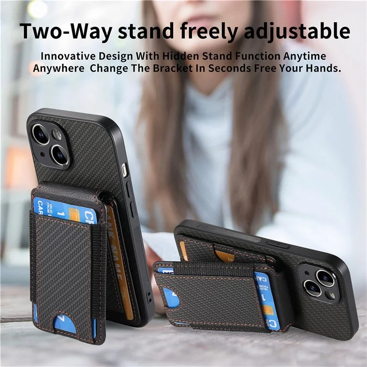 C1-12 Per iPhone 14 Custodia Slots Card Supporto Pelle Fibra di Carbonio Texture Back Cover - Nero