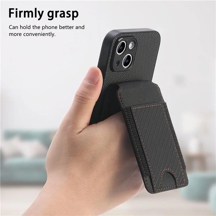 C1-12 Per iPhone 14 Custodia Slots Card Supporto Pelle Fibra di Carbonio Texture Back Cover - Nero