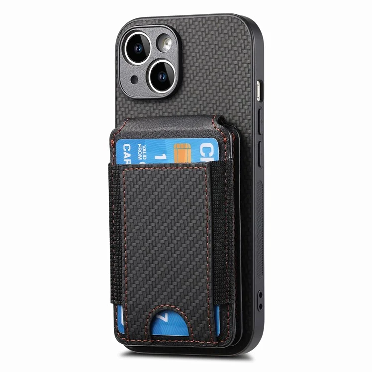 C1-12 Per iPhone 14 Custodia Slots Card Supporto Pelle Fibra di Carbonio Texture Back Cover - Nero