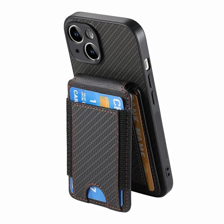 C1-12 Per iPhone 14 Custodia Slots Card Supporto Pelle Fibra di Carbonio Texture Back Cover - Nero