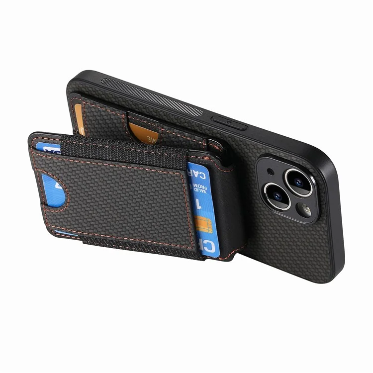 C1-12 Per iPhone 14 Custodia Slots Card Supporto Pelle Fibra di Carbonio Texture Back Cover - Nero