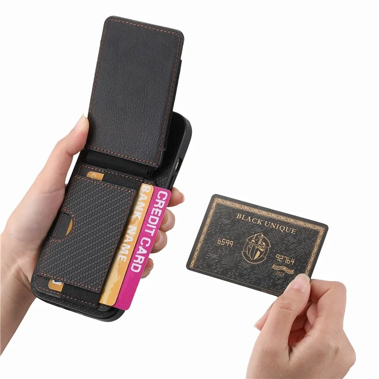 C1-12 Per iPhone 14 Custodia Slots Card Supporto Pelle Fibra di Carbonio Texture Back Cover - Nero