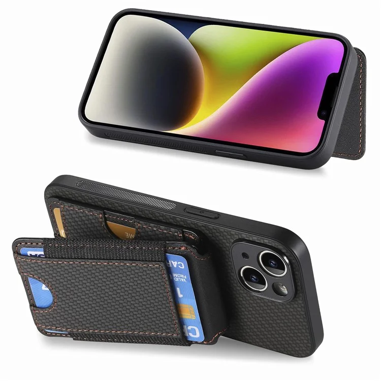 C1-12 Per iPhone 14 Custodia Slots Card Supporto Pelle Fibra di Carbonio Texture Back Cover - Nero