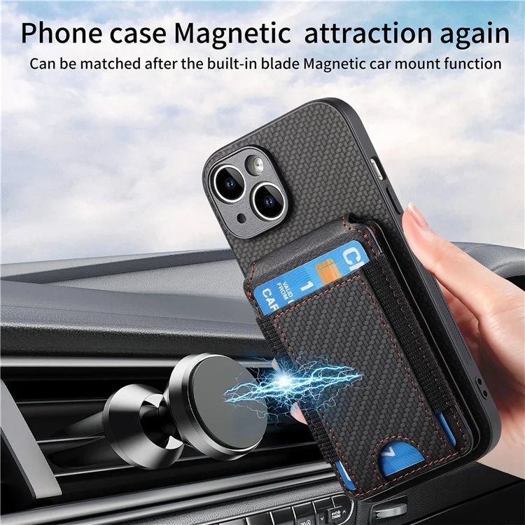 C1-12 Per iPhone 14 Custodia Slots Card Supporto Pelle Fibra di Carbonio Texture Back Cover - Nero