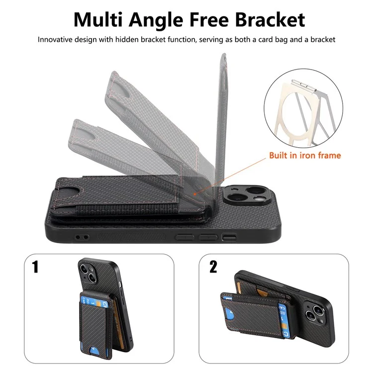 C1-12 Per iPhone 14 Custodia Slots Card Supporto Pelle Fibra di Carbonio Texture Back Cover - Nero