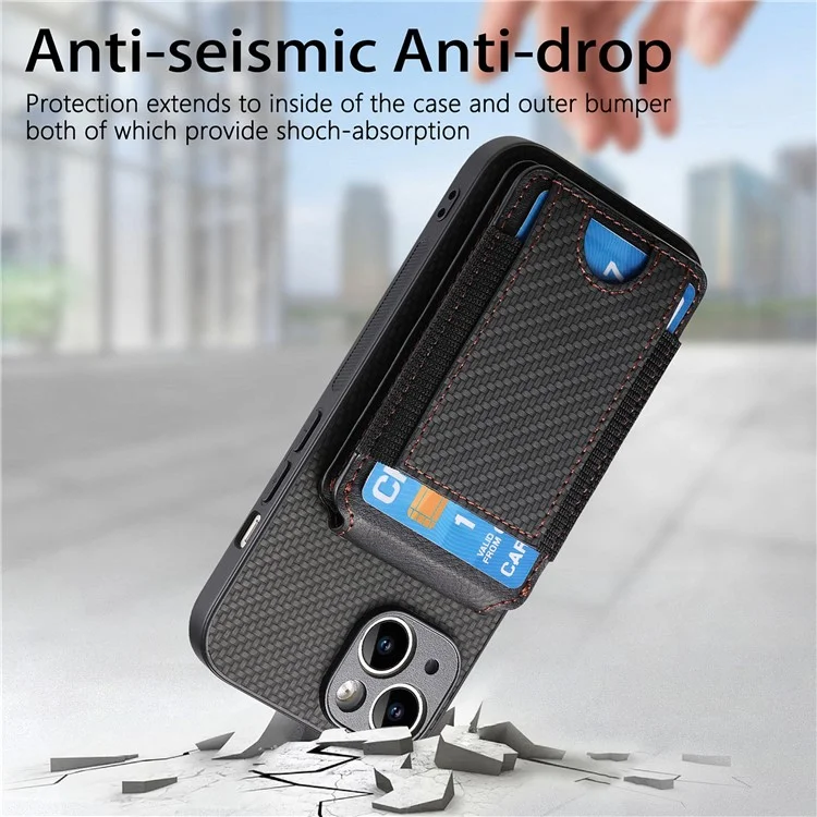 C1-12 Per iPhone 14 Custodia Slots Card Supporto Pelle Fibra di Carbonio Texture Back Cover - Nero