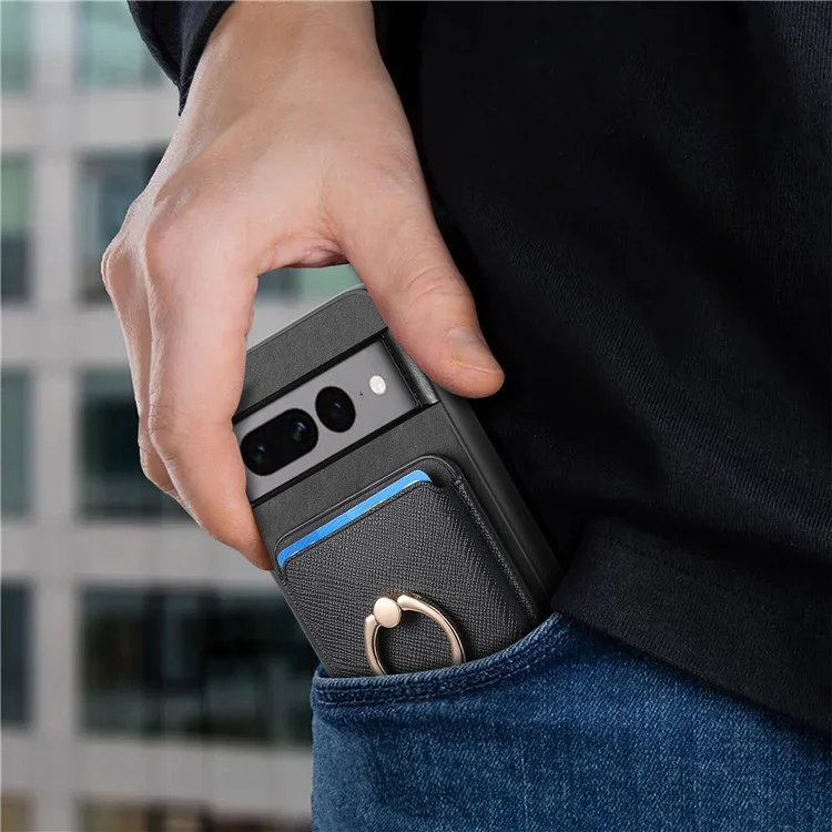 Pour Google Pixel 7 Pro 5G Étui de téléphone magnétique avec support de bague détachable et porte-cartes - Noir
