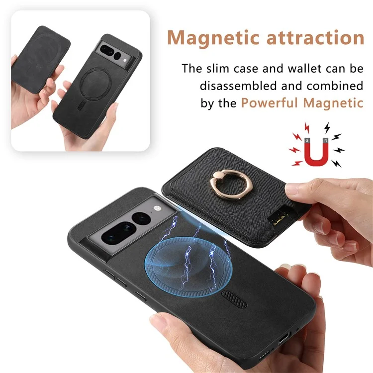 Pour Google Pixel 7 Pro 5G Étui de téléphone magnétique avec support de bague détachable et porte-cartes - Noir