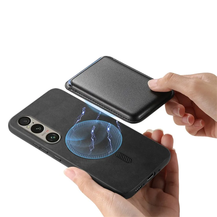 B2 For Sony Xperia 1 VI Case Leather+TPU Phone Cover with Detachable Card Bag - Black