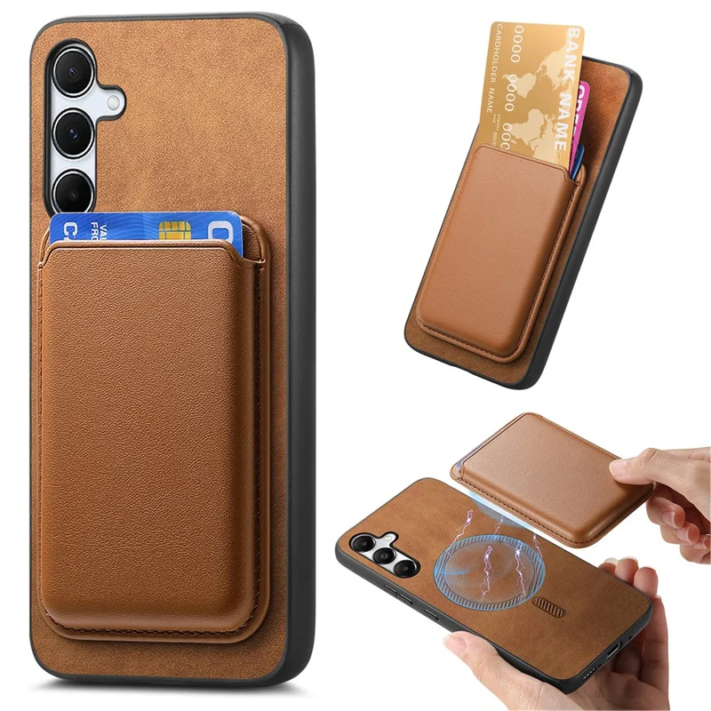B2 For Samsung Galaxy A55 5G Magnetic Phone Case Leather+TPU Cover with Card Bag - Brown