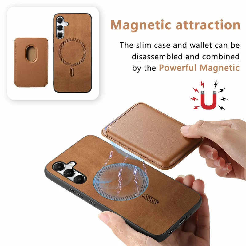 B2 For Samsung Galaxy A55 5G Magnetic Phone Case Leather+TPU Cover with Card Bag - Brown