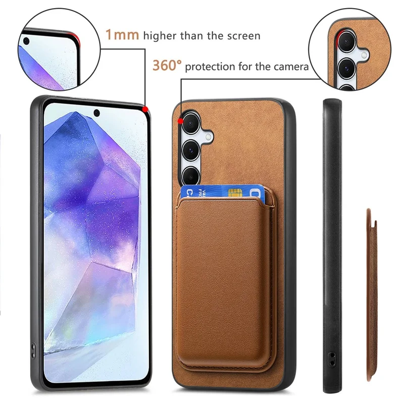 B2 For Samsung Galaxy A55 5G Magnetic Phone Case Leather+TPU Cover with Card Bag - Brown