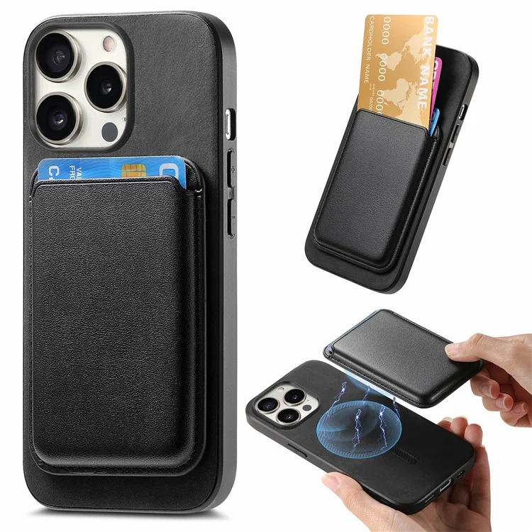 B2 For iPhone 15 Pro Funda magnética para teléfono Bolsa para tarjetas de cuero PU Funda de teléfono recubierta de TPU - Negro