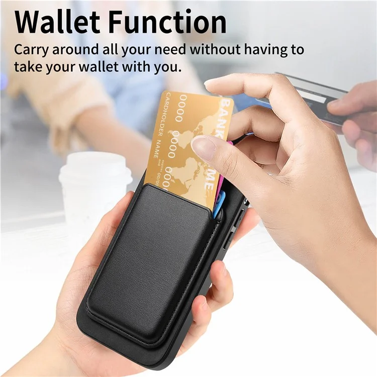 B2 For iPhone 15 Pro Funda magnética para teléfono Bolsa para tarjetas de cuero PU Funda de teléfono recubierta de TPU - Negro