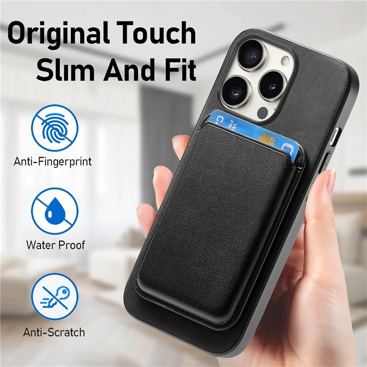 B2 For iPhone 15 Pro Funda magnética para teléfono Bolsa para tarjetas de cuero PU Funda de teléfono recubierta de TPU - Negro