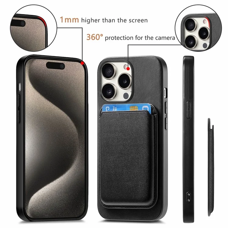B2 For iPhone 15 Pro Funda magnética para teléfono Bolsa para tarjetas de cuero PU Funda de teléfono recubierta de TPU - Negro