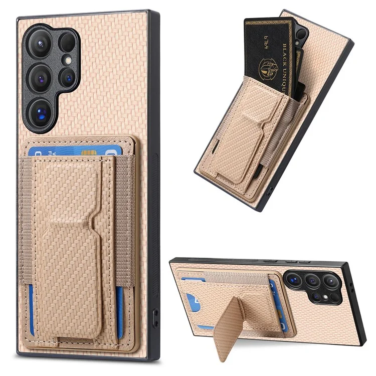 For Samsung Galaxy S24 Ultra Case with Card Holder Kickstand Fiber Pattern Leather Back Cover - Beige