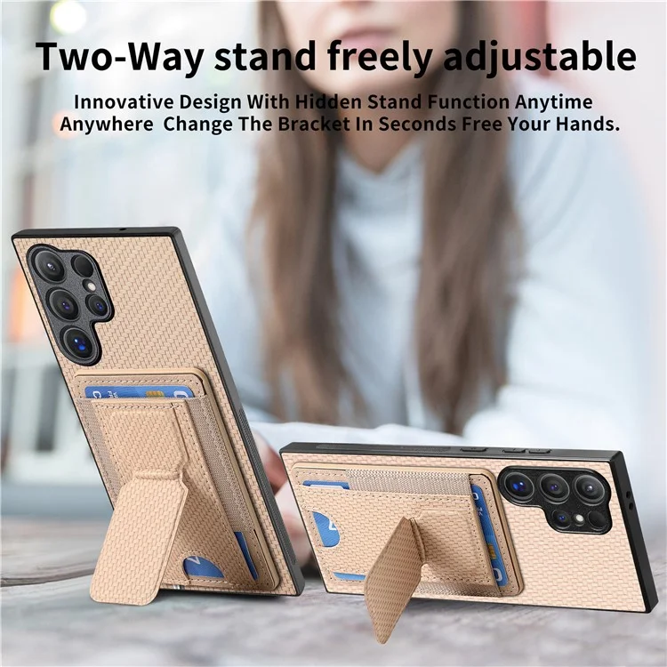 For Samsung Galaxy S24 Ultra Case with Card Holder Kickstand Fiber Pattern Leather Back Cover - Beige
