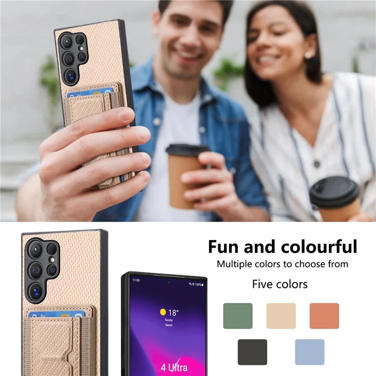 For Samsung Galaxy S24 Ultra Case with Card Holder Kickstand Fiber Pattern Leather Back Cover - Beige