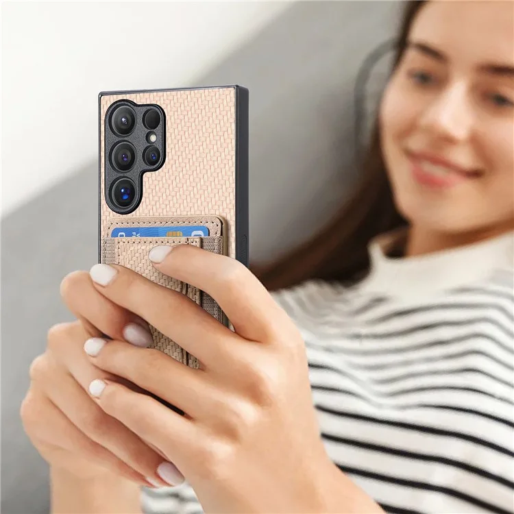 For Samsung Galaxy S24 Ultra Case with Card Holder Kickstand Fiber Pattern Leather Back Cover - Beige