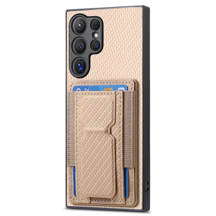 For Samsung Galaxy S24 Ultra Case with Card Holder Kickstand Fiber Pattern Leather Back Cover - Beige