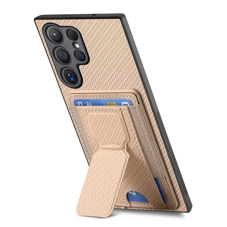 For Samsung Galaxy S24 Ultra Case with Card Holder Kickstand Fiber Pattern Leather Back Cover - Beige