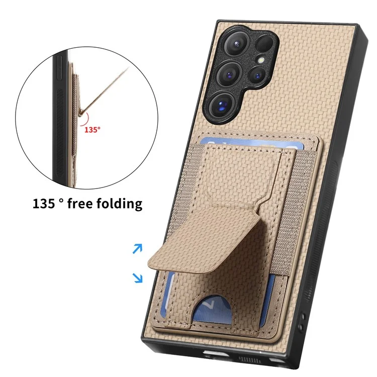 For Samsung Galaxy S24 Ultra Case with Card Holder Kickstand Fiber Pattern Leather Back Cover - Beige