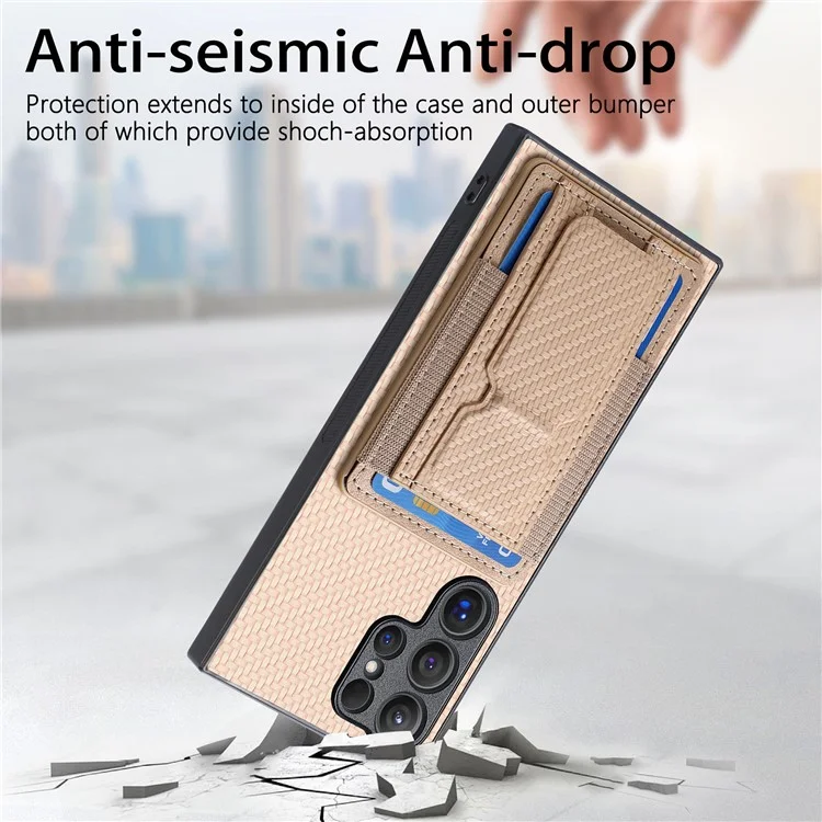 For Samsung Galaxy S24 Ultra Case with Card Holder Kickstand Fiber Pattern Leather Back Cover - Beige