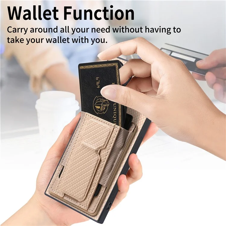 For Samsung Galaxy S24 Ultra Case with Card Holder Kickstand Fiber Pattern Leather Back Cover - Beige