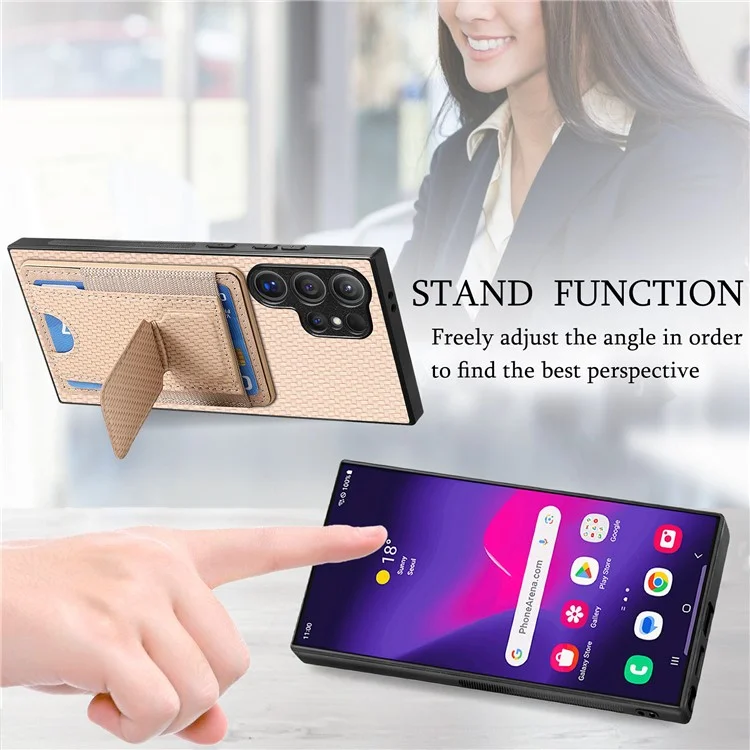 For Samsung Galaxy S24 Ultra Case with Card Holder Kickstand Fiber Pattern Leather Back Cover - Beige