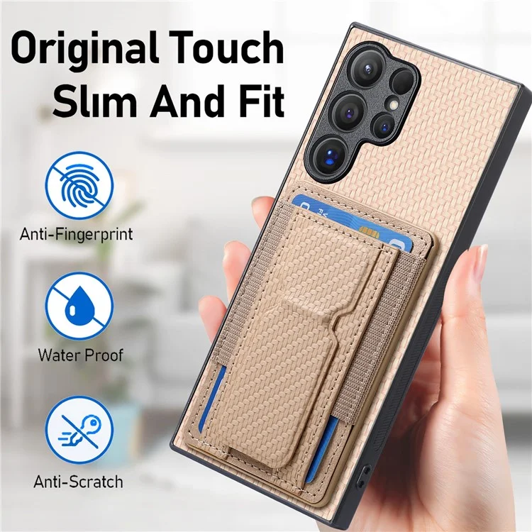 For Samsung Galaxy S24 Ultra Case with Card Holder Kickstand Fiber Pattern Leather Back Cover - Beige