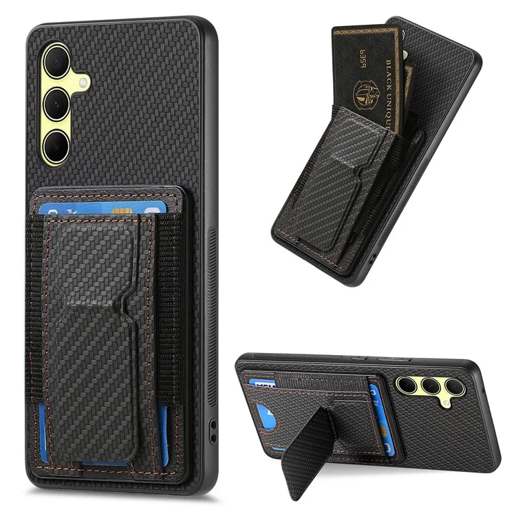 For Samsung Galaxy A35 5G Case with Card Holder Kickstand Fiber Pattern Leather Back Cover - Black