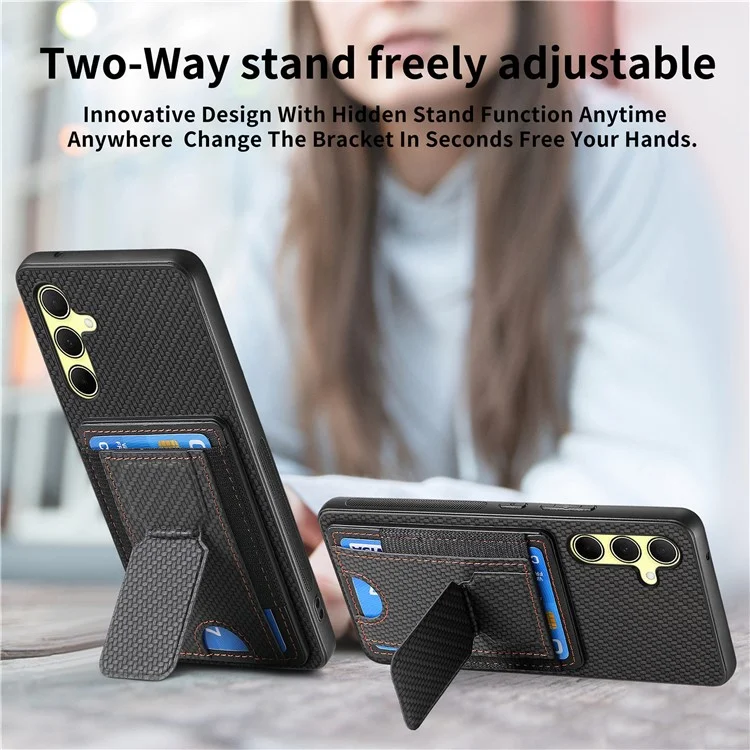 For Samsung Galaxy A35 5G Case with Card Holder Kickstand Fiber Pattern Leather Back Cover - Black