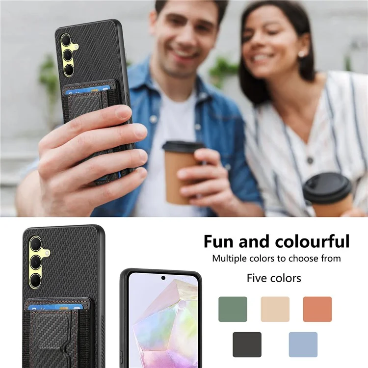 For Samsung Galaxy A35 5G Case with Card Holder Kickstand Fiber Pattern Leather Back Cover - Black