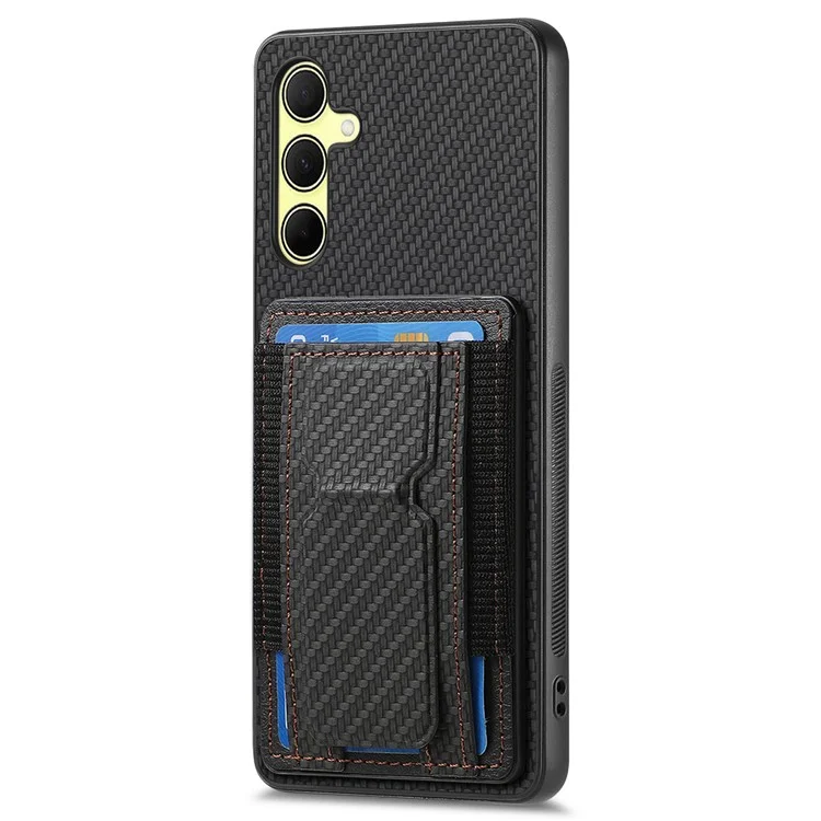 For Samsung Galaxy A35 5G Case with Card Holder Kickstand Fiber Pattern Leather Back Cover - Black