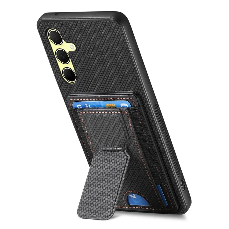 For Samsung Galaxy A35 5G Case with Card Holder Kickstand Fiber Pattern Leather Back Cover - Black