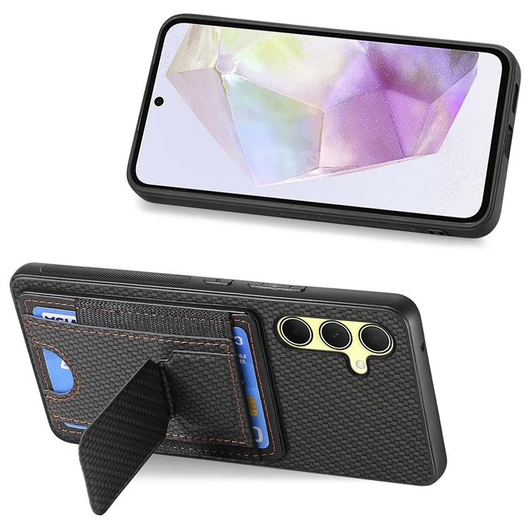 For Samsung Galaxy A35 5G Case with Card Holder Kickstand Fiber Pattern Leather Back Cover - Black