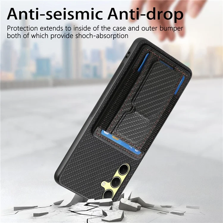 For Samsung Galaxy A35 5G Case with Card Holder Kickstand Fiber Pattern Leather Back Cover - Black